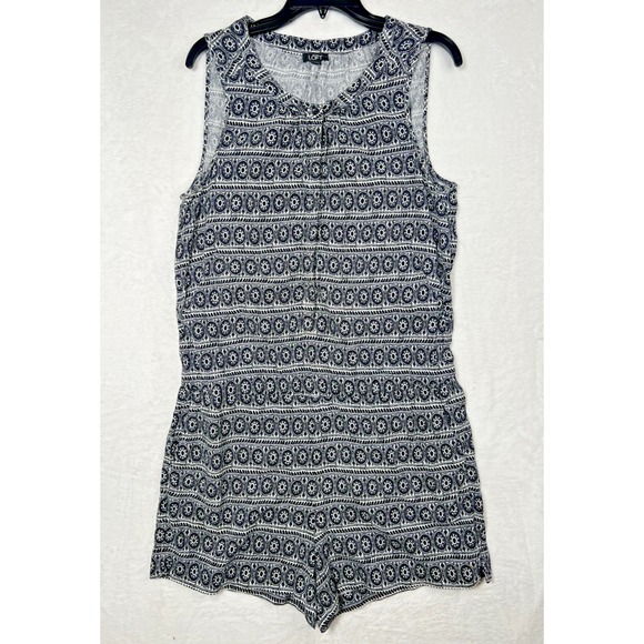 Loft Black White Button Front Sleeveless Shorts Romper Linen Blend Size L‎ Boho - Picture 1 of 10
